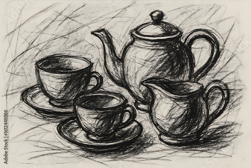 Charcoal Sketch Still Life Teapot Cups Saucers Creamer Art Drawing Monochrome Study