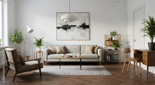 Chic Scandinavian Living Room with Cozy Sofa and Wooden Accents