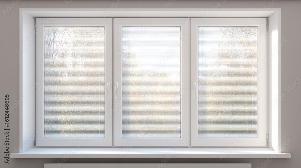 Fototapeta premium Minimalist white window frame with translucent panels filtering soft daylight.