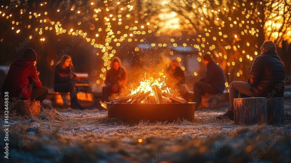 Obraz premium Group of people sitting around a warm campfire outdoors in a frosty evening with glowing string lights on trees