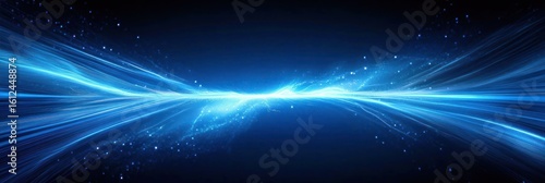 abstract blue light beams converging in the center with glowing particles on a dark background creating a futuristic and energetic atmosphere