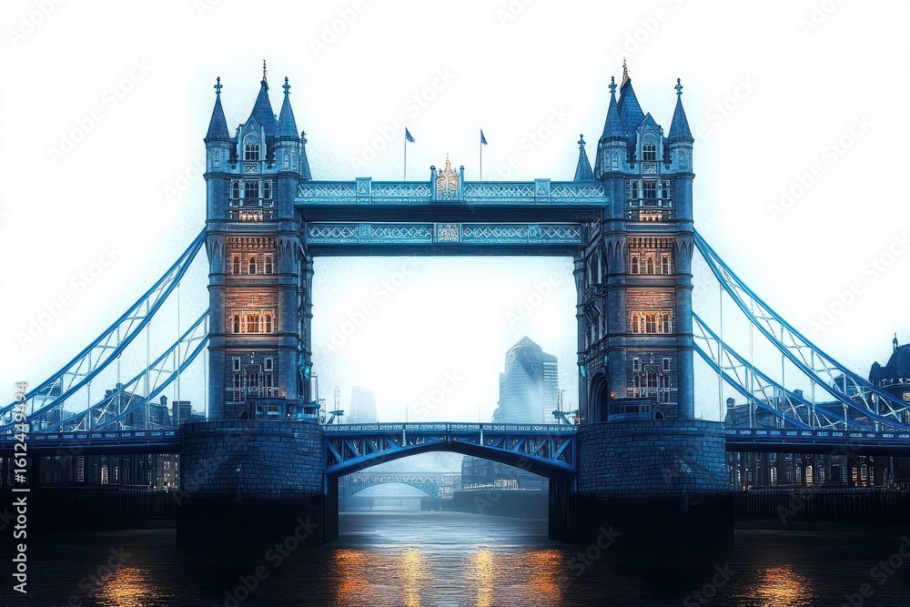 Obraz premium Majestic historic suspension bridge over river with illuminated towers and modern cityscape in the misty background