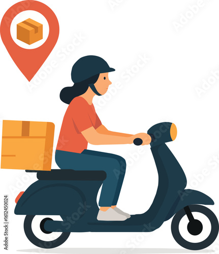Female Delivery Rider on Scooter with Parcel Vector Illustration for Shipping and Courier Services