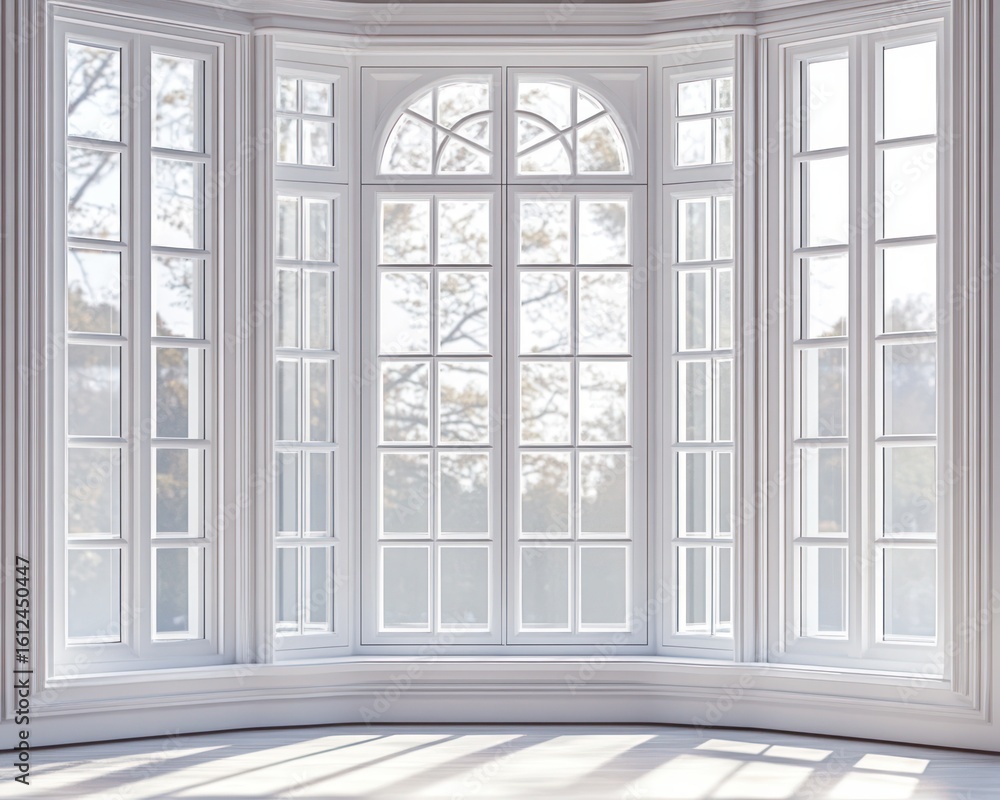 Fototapeta premium Bright spacious room with large white multi-pane bay windows letting in soft natural light and showing a misty outdoor view with bare trees