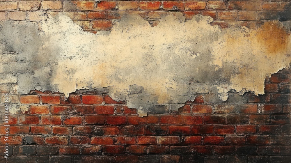 Close-up of an old red brick wall with peeling and cracked plaster revealing weathered textures and signs of decay Close-up of an old red brick wall with peeling and cracked plaster revealing weathered textures and signs of decay