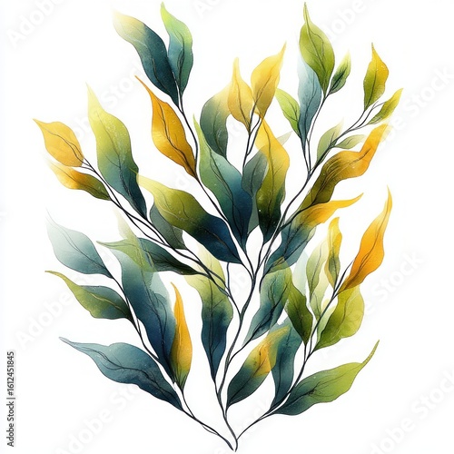 Delicate watercolor painting of a leafy branch with slender, pointed leaves in shades of green, teal, and yellow on a white background, evoking calm and nature
