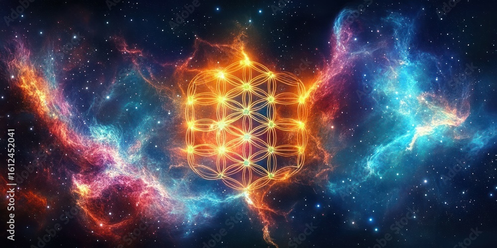 Fototapeta premium Glowing geometric flower of life pattern illuminated with gold light floating in a colorful cosmic nebula with vibrant blue and orange gaseous clouds and twinkling stars
