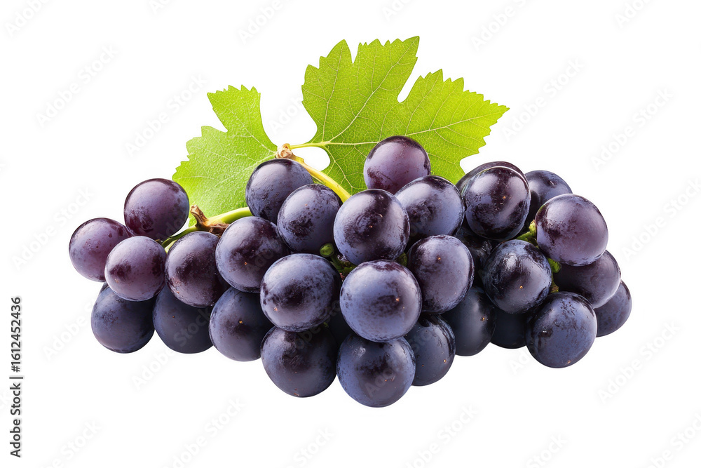 Fototapeta premium A cluster of ripe dark purple grapes with a green leaf isolated on transparent background