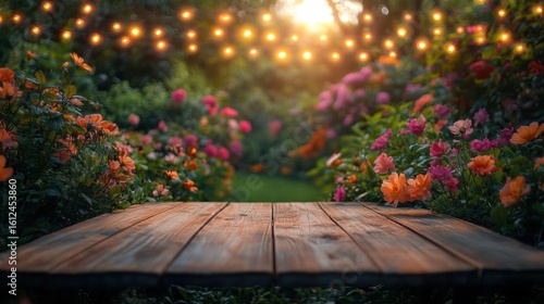 Wooden table in a colorful garden filled with blooming flowers under warm glowing string lights during sunset