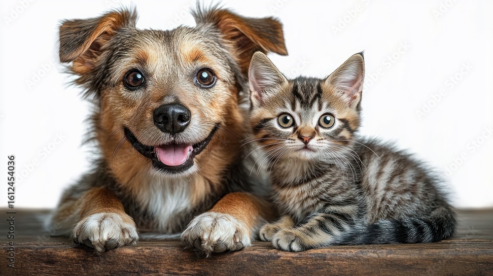Obraz premium happy dog and curious tabby kitten lying side by side on wooden surface against white background