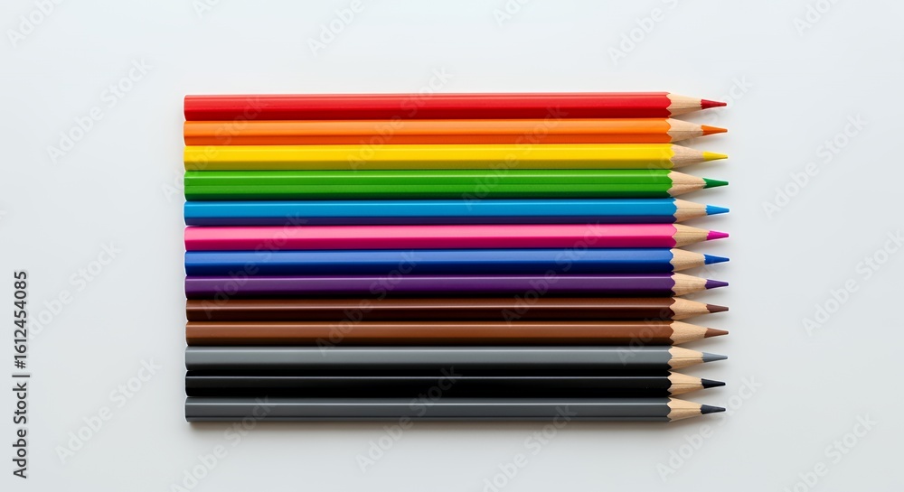 A vibrant collection of colored pencils arranged neatly in a rainbow pattern against a clean white background. A vibrant collection of colored pencils arranged neatly in a rainbow pattern against a clean white background.