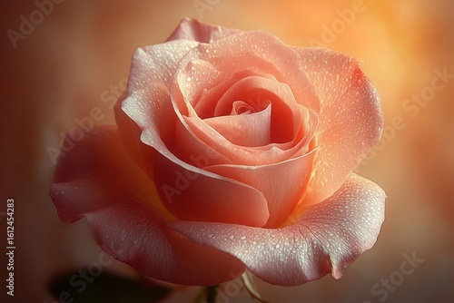 Close-up of a delicate peach-colored rose with dewdrops on its petals glowing gently in warm, soft light