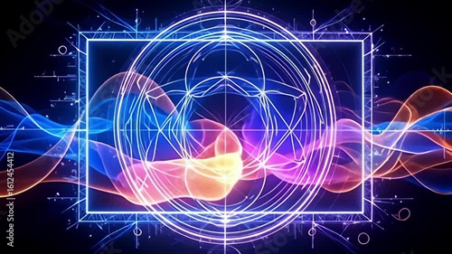 Wallpaper Mural With a smooth rotation, a Digital grid Border Frame forming from glowing lines reveals intricate geometric patterns, while colorful streams of light swirl dynamically around it, creating a Torontodigital.ca