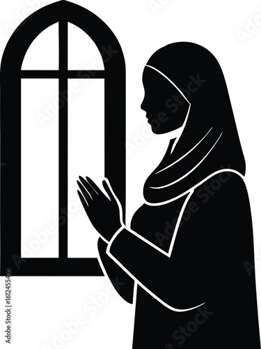 Silhouette illustration of a Muslim woman in a traditional hijab praying by a window