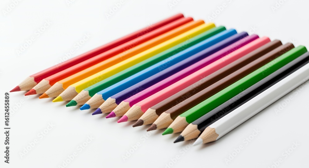 A vibrant collection of colored pencils arranged in a neat row, showcasing a spectrum of hues from red to white, perfect for artistic projects and creative endeavors. A vibrant collection of colored pencils arranged in a neat row, showcasing a spectrum of hues from red to white, perfect for artistic projects and creative endeavors.