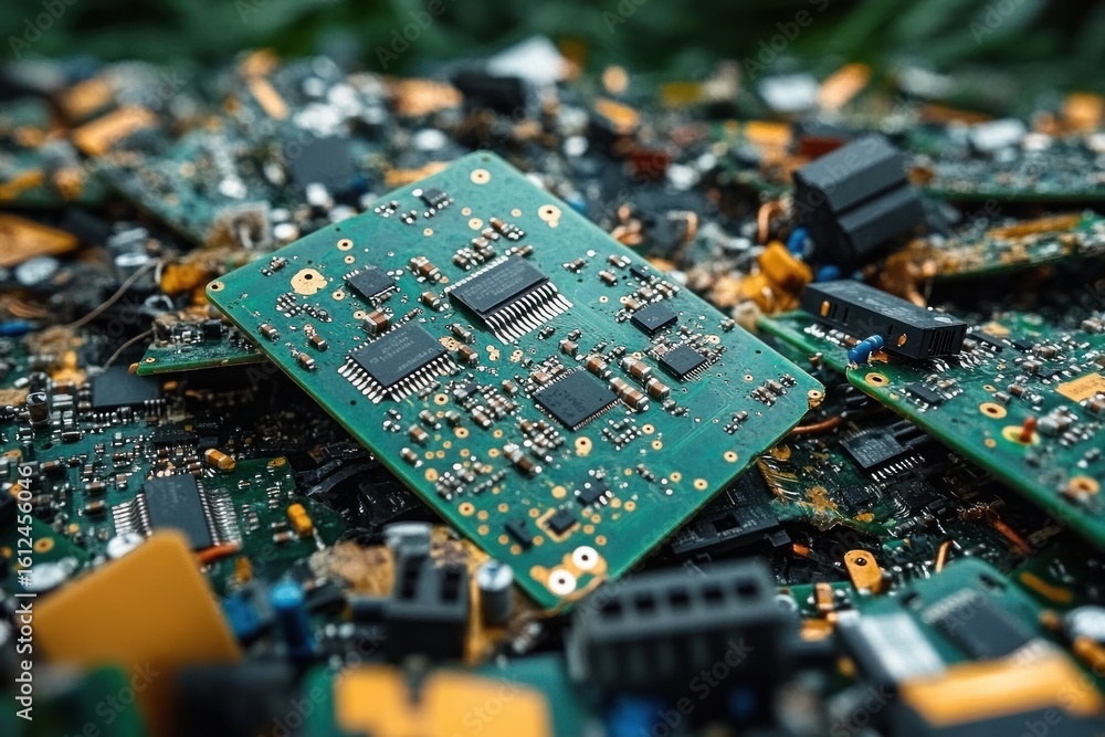 Obraz premium Close-up view of multiple scattered electronic circuit boards with microchips and components highlighting technology and electronic waste