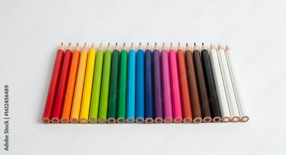 Obraz premium A vibrant row of colorful pencils arranged neatly on a white background, showcasing a spectrum of hues perfect for artistic expression.