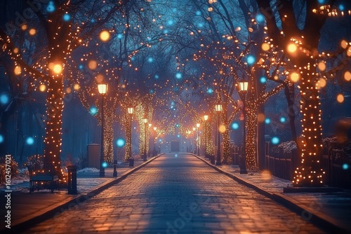 Empty cobblestone pathway lined with leafless trees wrapped in warm glowing string lights and vintage street lamps at twilight with scattered blue and orange light orbs creating a magical atmosphere