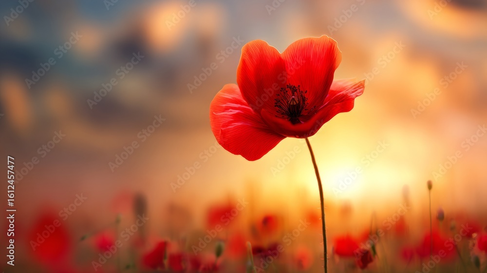 Fototapeta premium Red poppy flower glowing in a sunset-lit field, evoking a dreamy and serene mood. 