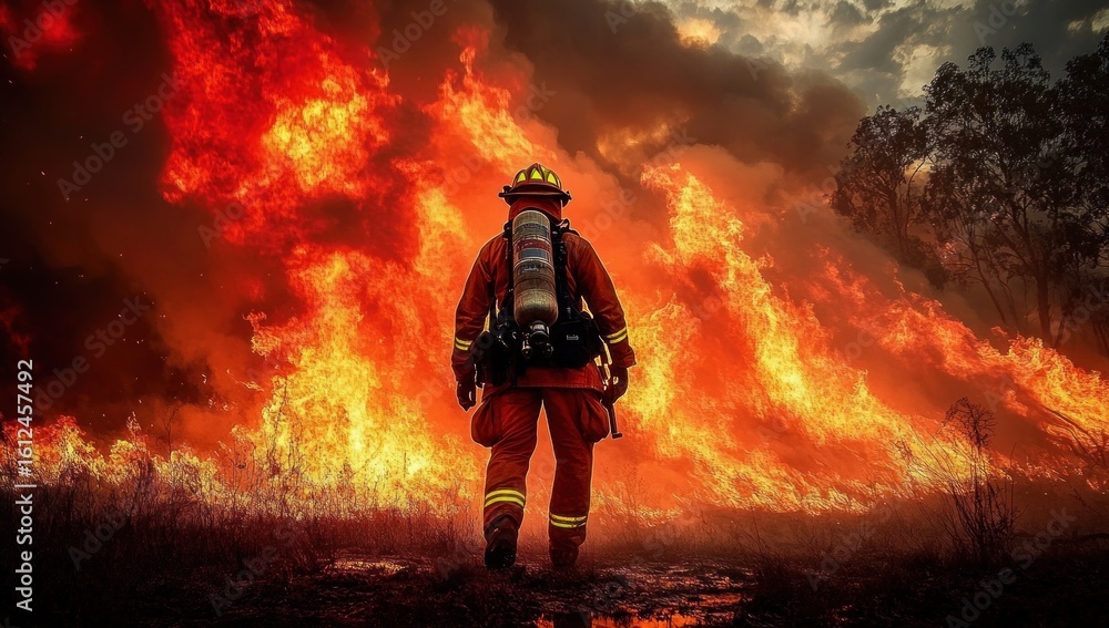 Fototapeta premium Firefighter in full gear walking toward a large, intense wildfire with flames and smoke engulfing the background, evoking bravery and danger