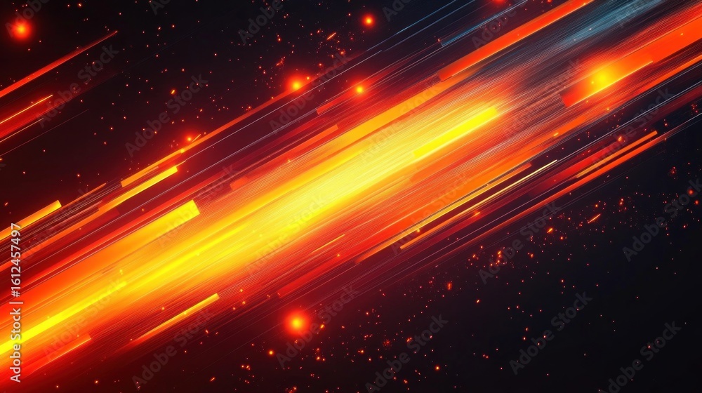 Obraz premium Bright orange and yellow streaks of light moving diagonally across a dark background filled with small glowing particles, evoking a sense of speed and dynamic energy