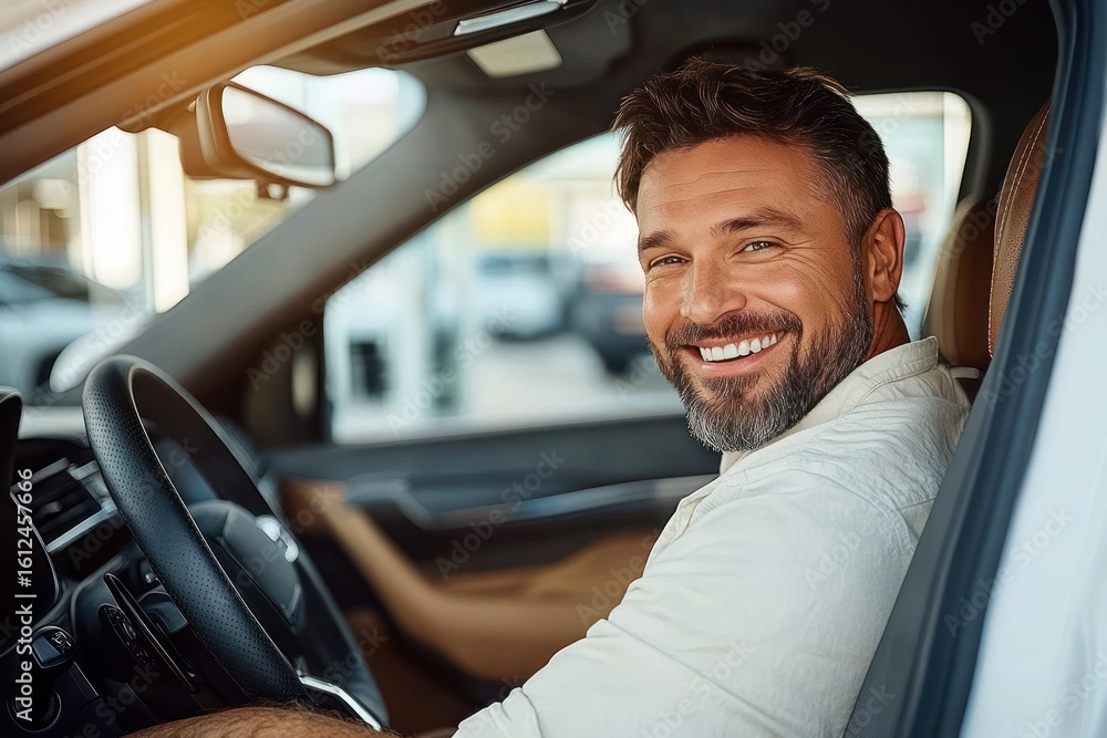 Obraz premium Smiling middle-aged man with beard sitting in driver seat of modern car looking back happily