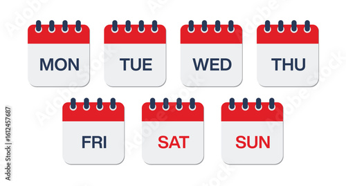 Calendar Icons Set. Weekly Planner with Seven Day Layout. Set of calendar with week days.  Vector Illustration
