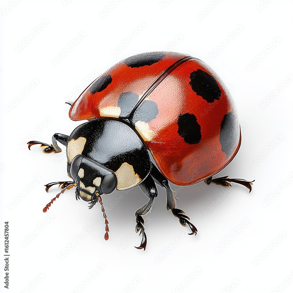 Fototapeta premium close-up of a red and black spotted ladybug with detailed legs and antennae on white background showing texture and shine