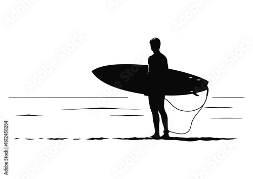 Surfer Holding Surfboard at  Beach Shore Silhouette Vector Illustration
