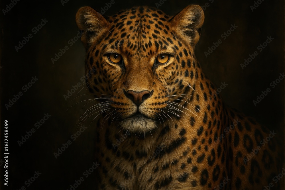 Fototapeta premium Majestic spotted leopard portrait with piercing golden eyes rendered in cinematic digital art style