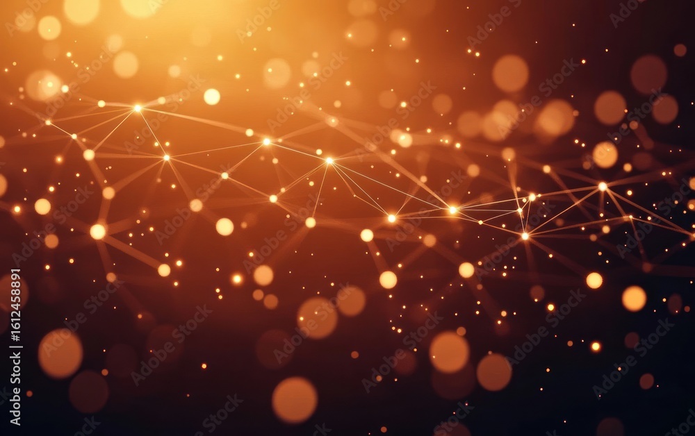 Obraz premium Abstract glowing network with interconnected points and lines over a warm golden bokeh background creating a futuristic and dynamic atmosphere