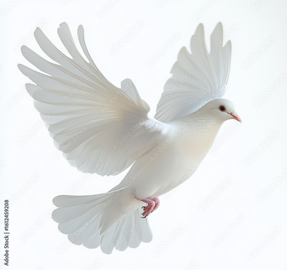 Fototapeta premium white dove in mid-flight with wings fully spread against a bright white background conveying peace and freedom