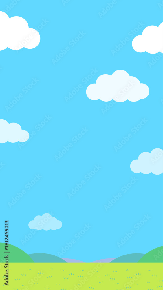 Fototapeta premium 青空とたくさんの雲と草原の縦長のシンプルなイラスト