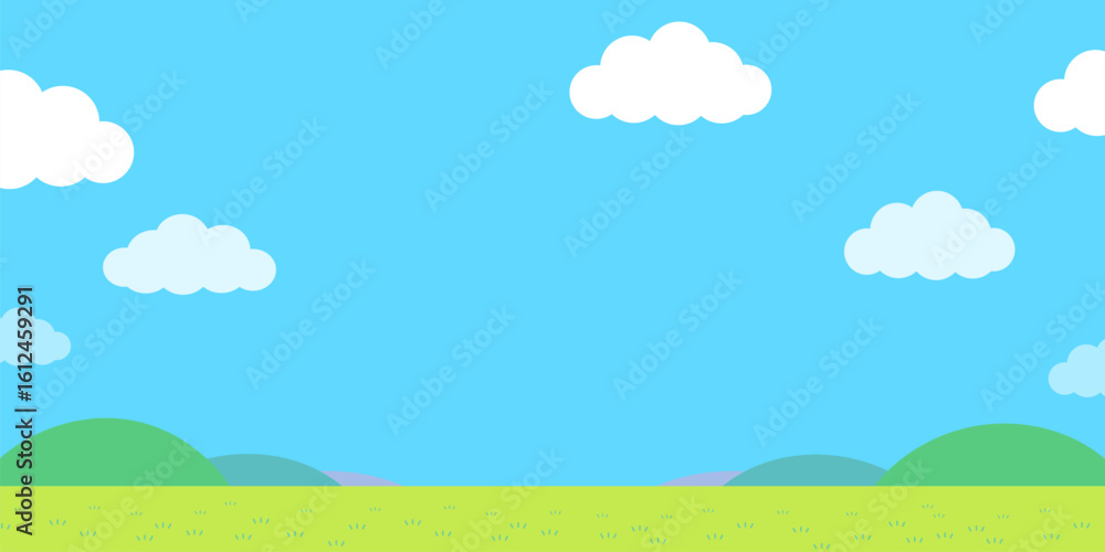 Fototapeta premium 青空とたくさんの雲と草原の横長のシンプルなイラスト
