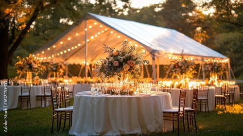 Outdoor evening event setup with round tables covered in white cloths, floral centerpieces, wooden chairs, and a large lit tent in a natural park setting