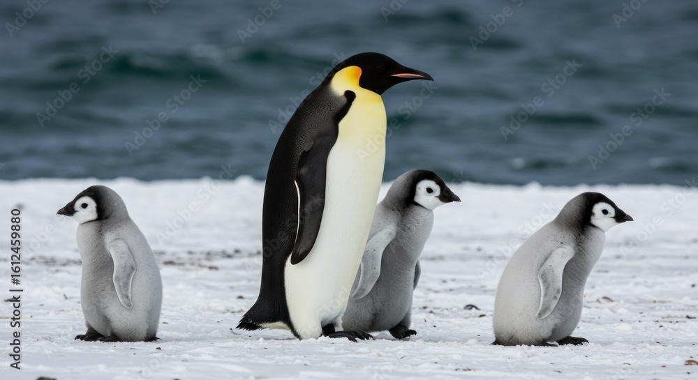 Fototapeta premium Emperor penguin and chicks on snow