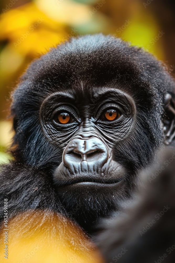 Obraz premium close-up portrait of a young gorilla with expressive amber eyes showing detailed facial features and fur