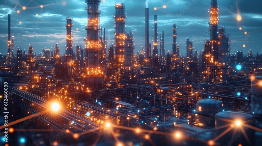 Fototapeta premium Vast industrial refinery complex at dusk with numerous illuminated towers, pipes, and glowing orange lights creating a futuristic and intense atmosphere