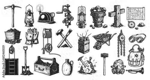 A detailed set of hand-drawn vintage mining tools—pickaxes, lanterns, carts, safety gear—in monochrome, engraved style. Ideal for history projects, educational use, or retro-themed designs.