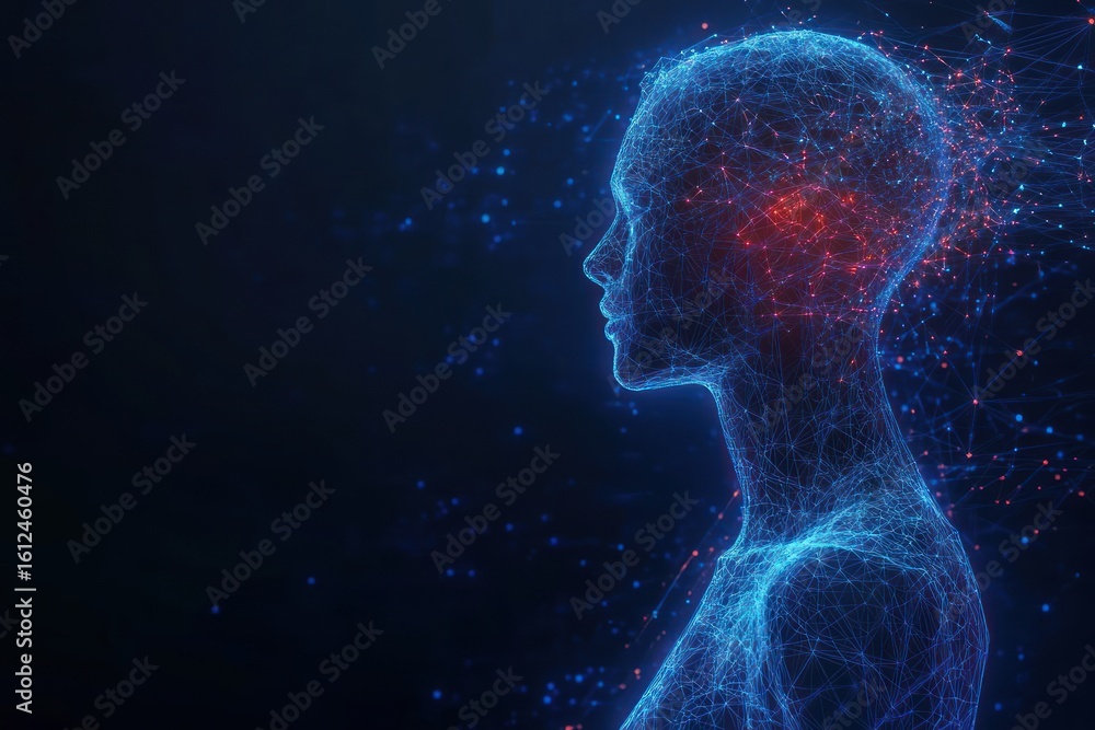 Digital wireframe figure of a human head and upper body with interconnected blue and red glowing nodes on a dark background, symbolizing technology and neural connections Digital wireframe figure of a human head and upper body with interconnected blue and red glowing nodes on a dark background, symbolizing technology and neural connections