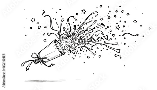 A festive drawing depicts a party popper exploding with confetti, streamers, and stars, perfect for birthday celebrations, carnival events, and adding a touch of joy to any design.