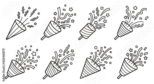 Collection of hand-drawn party poppers exploding with confetti and streamers, perfect for festive celebrations and greetings.