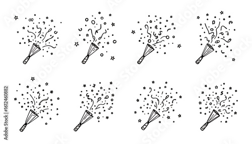 A collection of hand-drawn confetti poppers exploding with festive stars and streamers, perfect for birthday celebrations and joyful greetings.