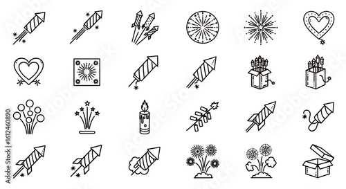 A collection of festive line art illustrations showcasing various fireworks, rockets, and celebratory elements perfect for birthday greetings, carnival events, and joyful celebrations, all drawn with