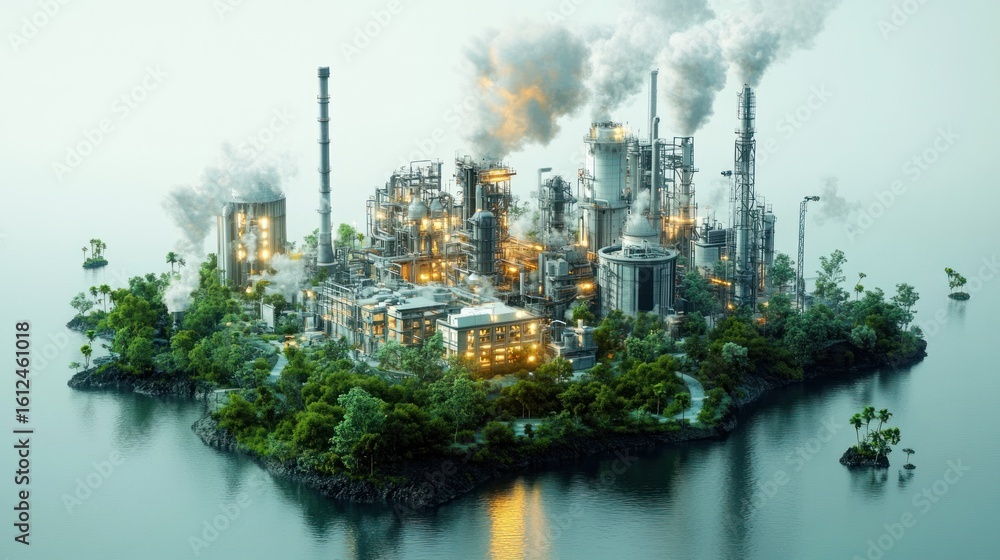 Naklejka premium Large industrial factory complex surrounded by dense green trees on a small island with smoke and steam rising from multiple chimneys, lighting glowing in dusk fog