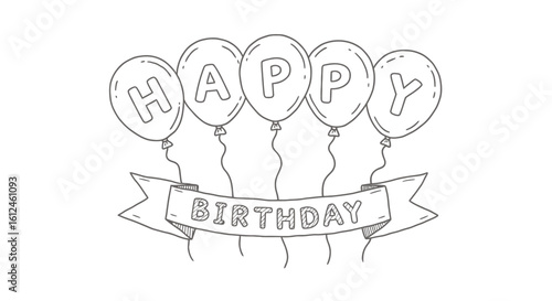 A charming hand-drawn illustration features balloons spelling "HAPPY" and a banner proclaiming "BIRTHDAY", perfect for celebratory greetings and festive occasions, designed with a whimsical, line art
