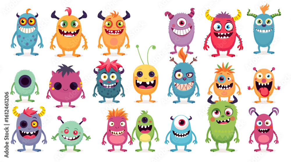Obraz premium A collection of cheerful, cartoon monsters with various expressions and vibrant colors, perfect for playful designs and children's themes.