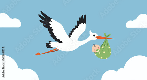 A stork carrying a baby wrapped in a green blanket flies through a bright blue sky with fluffy white clouds, a charming illustration perfect for baby announcements and celebratory designs.