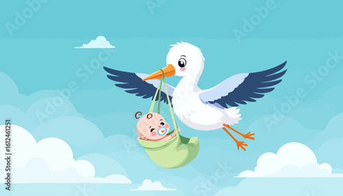 A whimsical cartoon illustration featuring a stork joyfully carrying a baby in a sling against a bright blue sky with fluffy white clouds, perfect for baby shower invitations.