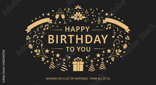 An elegant golden Happy Birthday greeting design on a dark background, featuring decorative elements, sparkling confetti, and festive typography.
